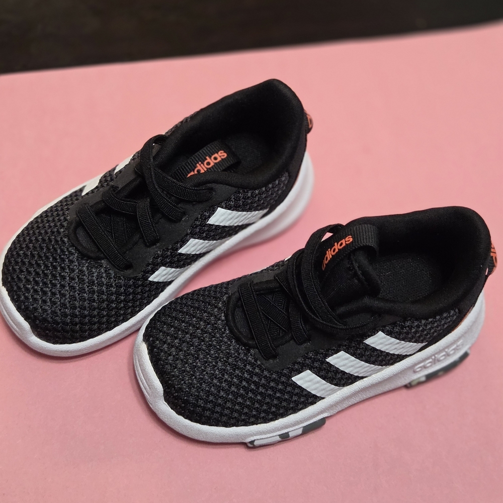 Adidas Kids Black and White Sneakers with Orange Accents